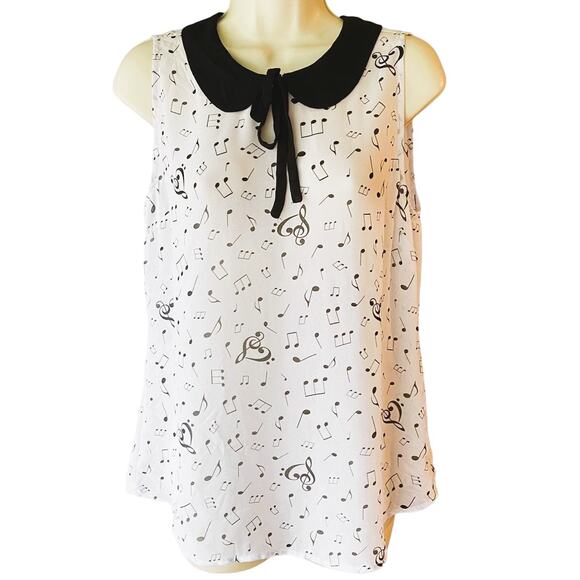 HOT TOPIC Music Note Peter Pan Collar Tie Front Sleeveless Chiffon Blouse ~ MED - Picture 4 of 8